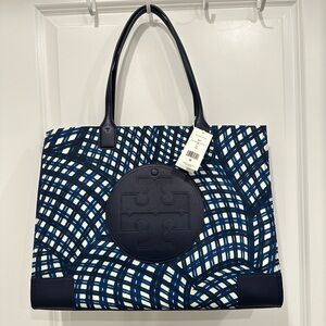 Tory Burch Ella Printed Tote Bag Handbag Navy Warped Gingham Nylon Leather New